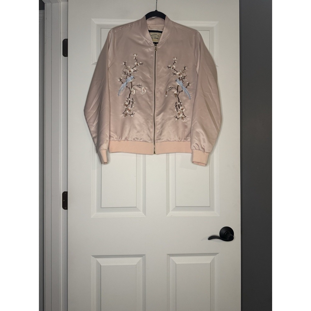 Ci Sono Satin Bomber Jacket Light Pink Embroidered Birds Medium